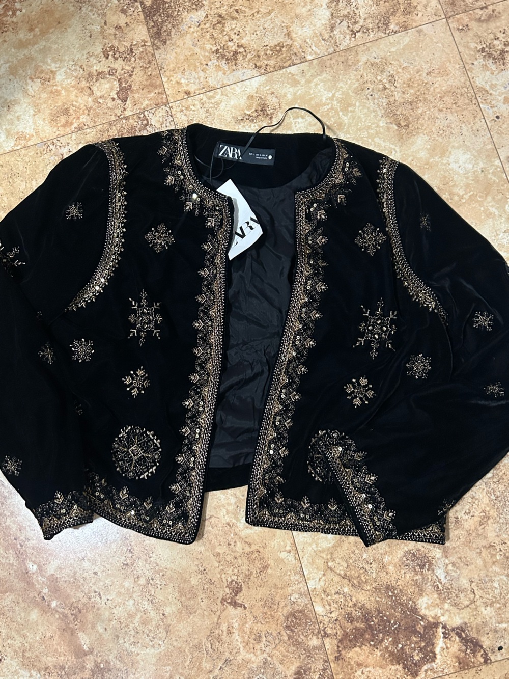 Zara Black Velvet Jacket with Metallic Gold Embroidery